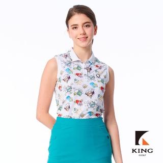 【KING GOLF】速達-網路限定款-女款美式漫畫印花涼感無袖背心POLO衫/高爾夫球衫-白色