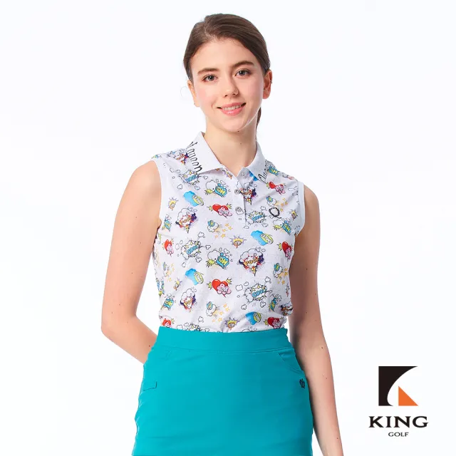 【KING GOLF】速達-網路限定款-女款美式漫畫印花涼感無袖背心POLO衫/高爾夫球衫-白色
