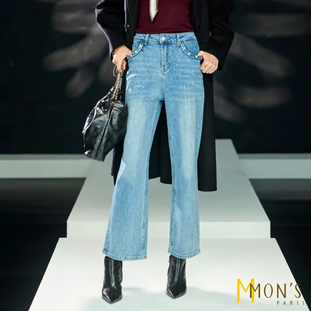 【MON’S】小香風飾袋燙鑽牛仔褲(直)