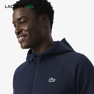 【LACOSTE】男裝-拉鍊式抽繩連帽運動長袖T(海軍藍)