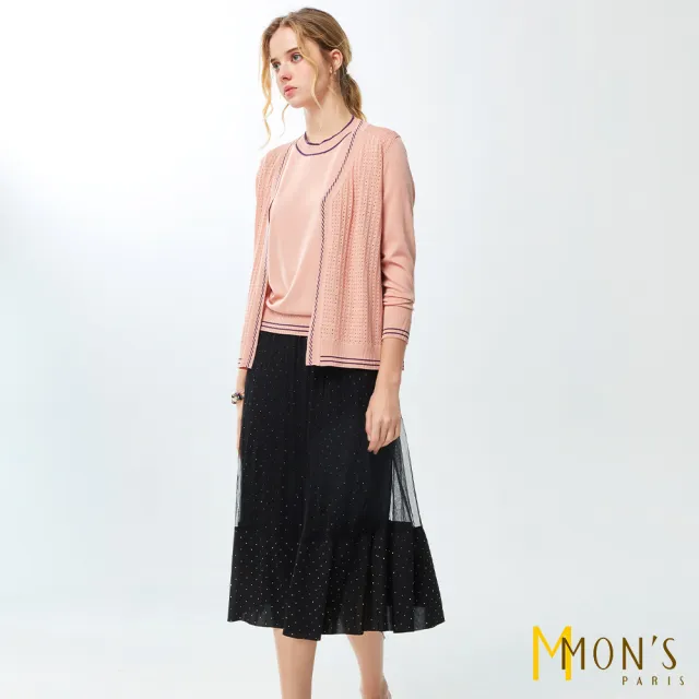【MON’S】繁星燙鑽拼接網紗百摺裙(直)