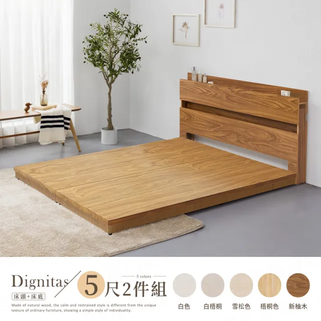 【H&D 東稻家居】DIGNITAS狄尼塔斯5尺插座雙人房間2件組 MIT 台灣製(床頭+床底 附燈 多色選)
