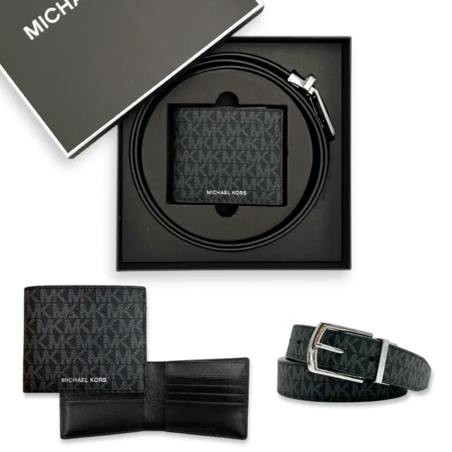 【Michael Kors】專櫃禮盒版 MK 男生 短夾+皮帶 經典滿版LOGO 皮夾腰帶禮盒(36S4LGFF6B 36F5LGFN9B)