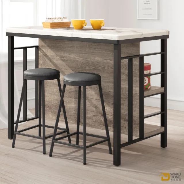 【WAKUHOME 瓦酷家具】傑恩斯灰橡木仿石面4尺中島桌+2張牛仔黑中島椅A005-578+577