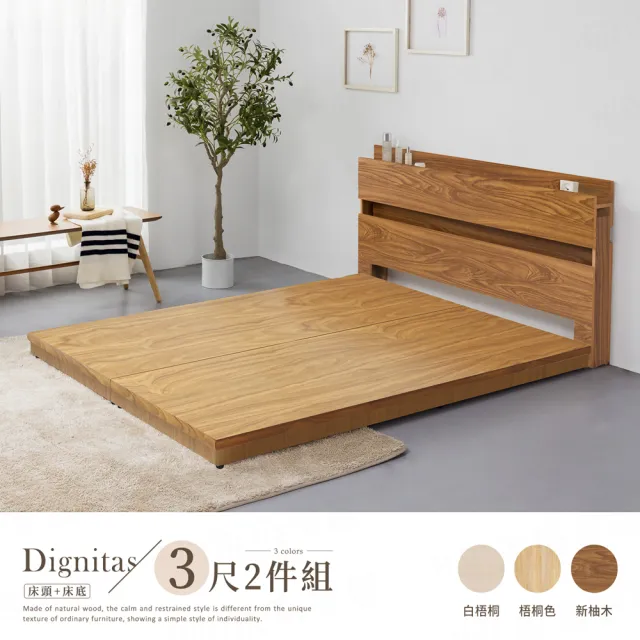 【H&D 東稻家居】DIGNITAS狄尼塔斯3尺插座單人房間2件組 MIT 台灣製(床頭+床底 附燈 2色選)