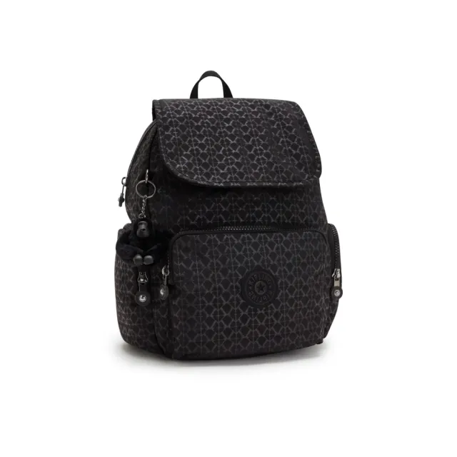 【KIPLING】『猴子包』經典黑菱格紋印花掀蓋拉鍊後背包-CITY ZIP S 女包