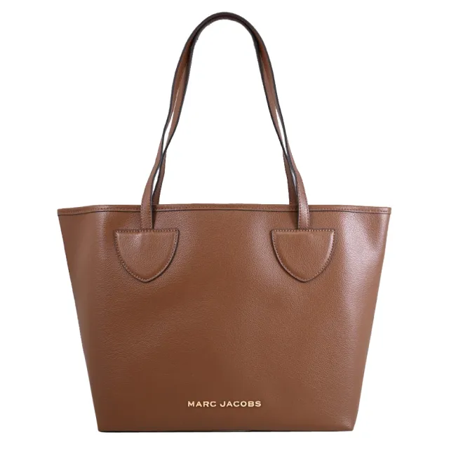 【MARC JACOBS】簡約金屬LOGO荔枝皮革肩背托特包購物包(咖)
