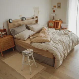 【翔仔居家】100%精梳純棉 兩用舖棉被套床包4件組-Latte(雙人/雙人床包/純棉床包/純棉被套)