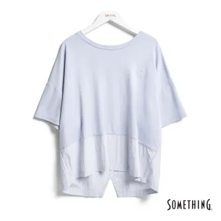 【SOMETHING】女裝 異素材拼接短袖T恤(淡藍色)