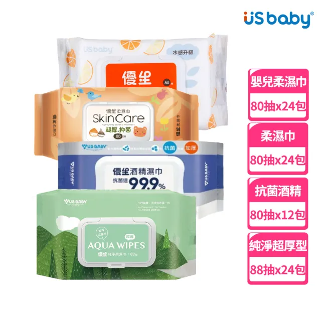 【US BABY 優生】超厚型濕紙巾箱購任選(柔軟80抽24包/酒精80抽12包/維生素C嬰兒柔濕巾80抽24包)