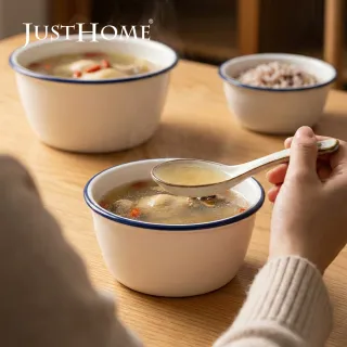 【Just Home】簡約純白藍邊陶瓷附蓋保鮮碗440ml(可微波 碗 飯碗 湯碗 點心碗)