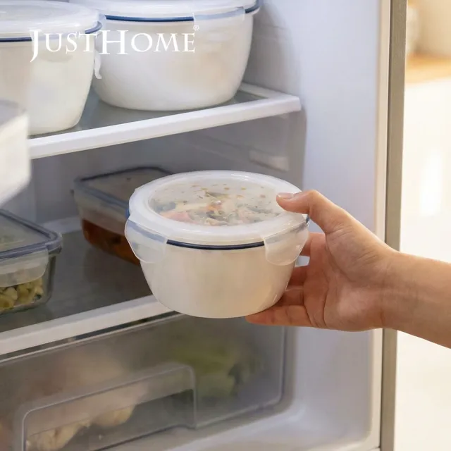 【Just Home】簡約純白藍邊陶瓷附蓋保鮮碗620ml(可微波 碗 飯碗 湯碗 點心碗)