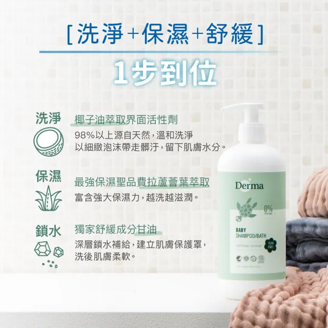 【Derma 丹麥德瑪】寶寶有機水嫩洗髮沐浴露家庭號 500ml(嬰幼兒/不流淚配方/三合一)