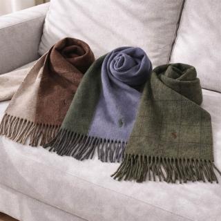 【RALPH LAUREN】POLO義大利製經典刺繡小馬格紋/雙色羊毛混紡流蘇圍巾(多色任選)
