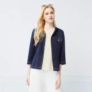 【MYVEGA 麥雪爾】MA修身剪裁七分袖M字拉鍊外套-深藍(女上衣/小香風外套)