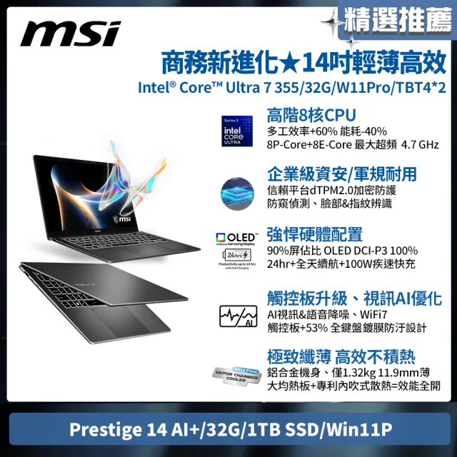 【MSI 微星】14吋 Ultra 7 355 輕薄商務筆電(Prestige 14 AI+/32G/1TB SSD/Win11P/D3MG-031TW)