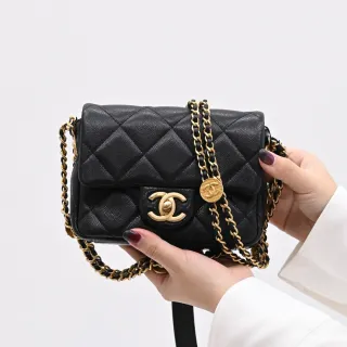 【CHANEL 香奈兒】Mini 方胖經典雙C菱格紋金幣鏈帶小牛皮三用翻蓋鍊包(黑 17CM)