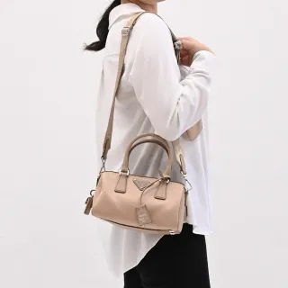 【PRADA 普拉達】經典三角LOGO尼龍二合一附零錢包手提兩用包(淺褐)
