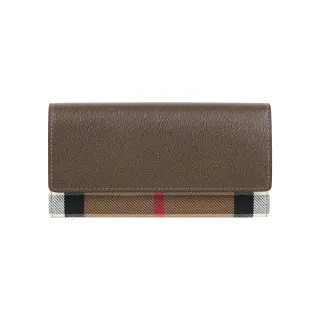 【BURBERRY 巴寶莉】Halton 大格紋帆布及牛皮翻蓋二折長夾(烏木棕)