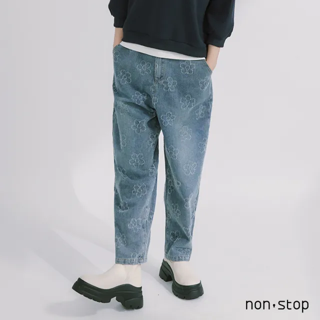 【non-stop】霧藍花語滿版刺繡牛仔褲-1色