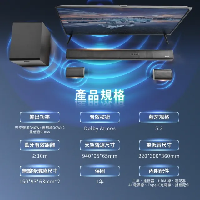 【SANSUI 山水】聲空艙SS2(5.1.2 Soundbar  360°天空聲道X杜比全景聲)享受600W震撼聽感