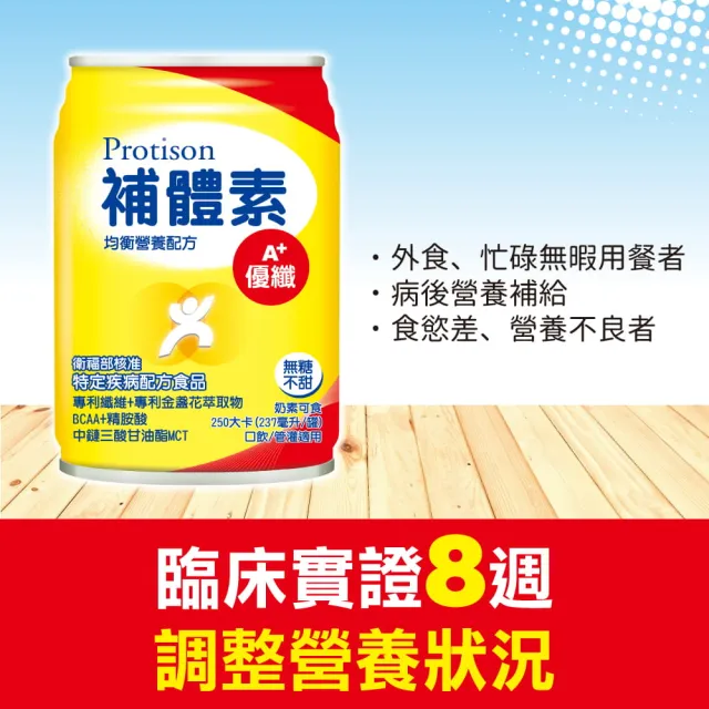 【補體素】優纖A+無糖不甜即飲 237mlx24罐 均衡營養配方、口飲/管灌適用、可當作唯一營養來源(陳美鳳推薦)