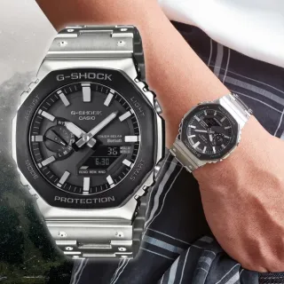 【CASIO 卡西歐】2100 系列 八角形全金屬藍牙太陽能腕錶 黑面 44.4mm(GM-B2100BT-1A)