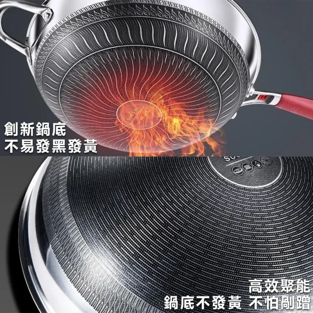 (樂億家居)炒鍋 316不鏽鋼蜂窩紋炒鍋 不沾鍋 雙面蜂巢設計高效聚能(34CM單鍋不帶蓋 全鋼柄)