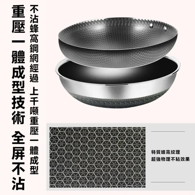 (樂億家居)炒鍋 316不鏽鋼蜂窩紋炒鍋 不沾鍋 雙面蜂巢設計高效聚能(34CM單鍋不帶蓋 全鋼柄)