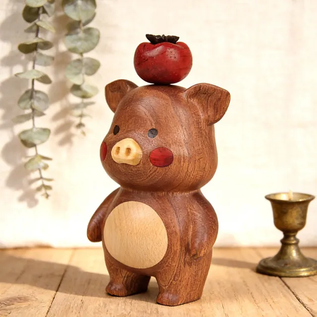 【MoonDy】擺件 裝飾品 豬柿如意 小豬擺件 桌面擺飾 雕刻擺件 客廳裝飾 家居擺件 木雕擺件 可愛小物