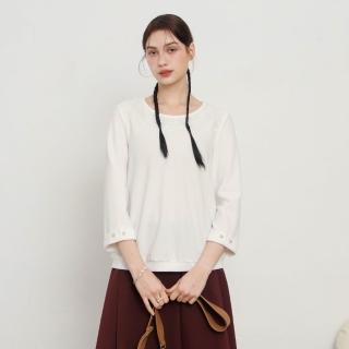【MASTINA】領蕾絲珍珠釦長袖上衣 黑 白(魅力商品)