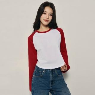 【GIORDANO 佐丹奴】韓系選品 女裝純棉撞色圓領插肩長袖T恤(多色任選)