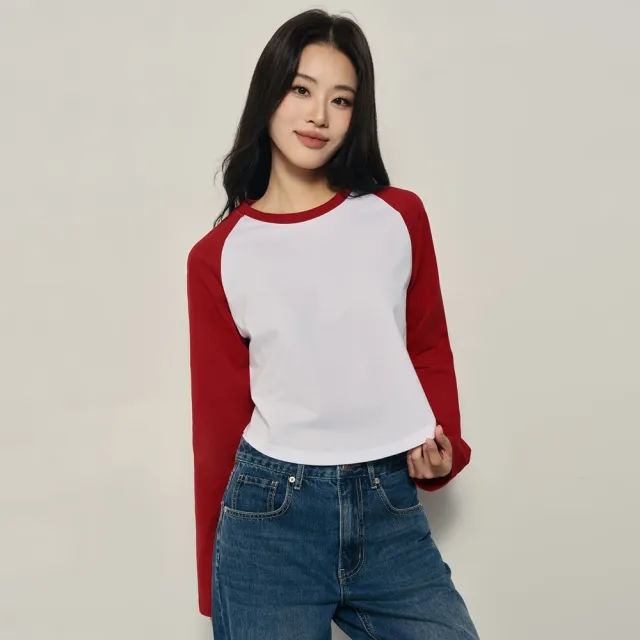 【GIORDANO 佐丹奴】韓系選品 女裝純棉撞色圓領插肩長袖T恤(多色任選)
