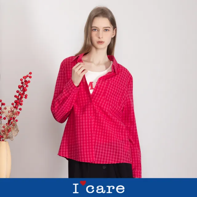 【I’Care 依卡】現貨-桃粉格紋層次感襯衫兩件組（含內搭背心+襯衫）（F）｜格紋襯衫上衣（707-15801）