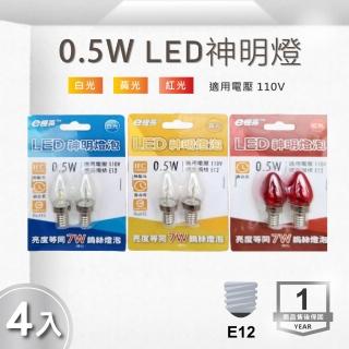 LED E12 0.5W 110V 尖清燈泡 黃光 紅光-4入組(LED E12 神明燈 省電)