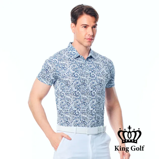 【KING GOLF】速達-網路限定款-男款變形蟲滿版印圖立體LOGO燙標短袖POLO衫/高爾夫球衫-丈青