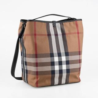 【BURBERRY 巴寶莉】格紋肩背/手提水桶包(褐格紋)