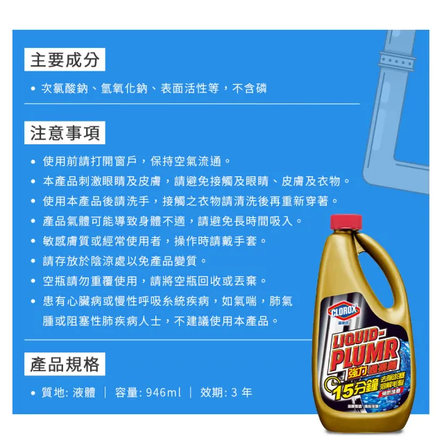 【Clorox 高樂氏】強力水管通渠劑946mlx3(疏通劑/水管清潔/凝膠/管道堵塞/溶解毛髮菜渣)
