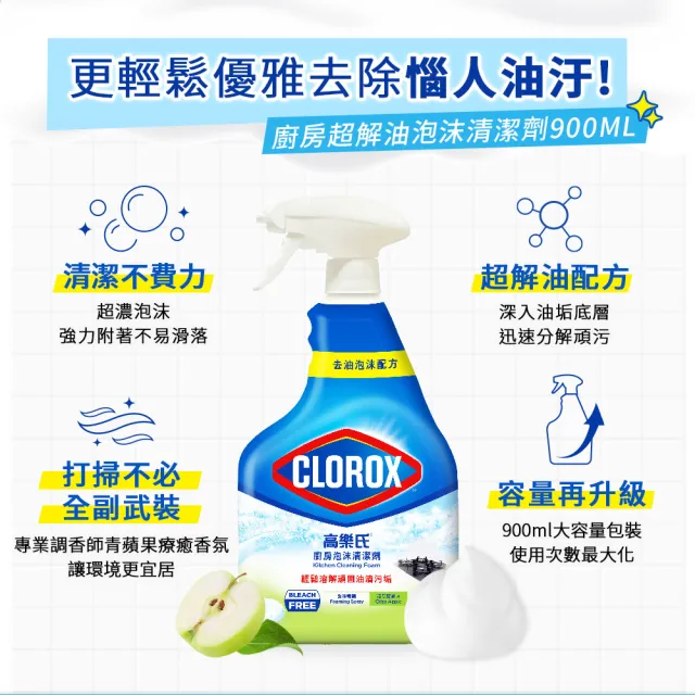 【Clorox 高樂氏】廚房超解油泡沫清潔劑噴槍900ml-青蘋果香(瓦斯爐/抽油煙機/磁磚/廚房水槽)