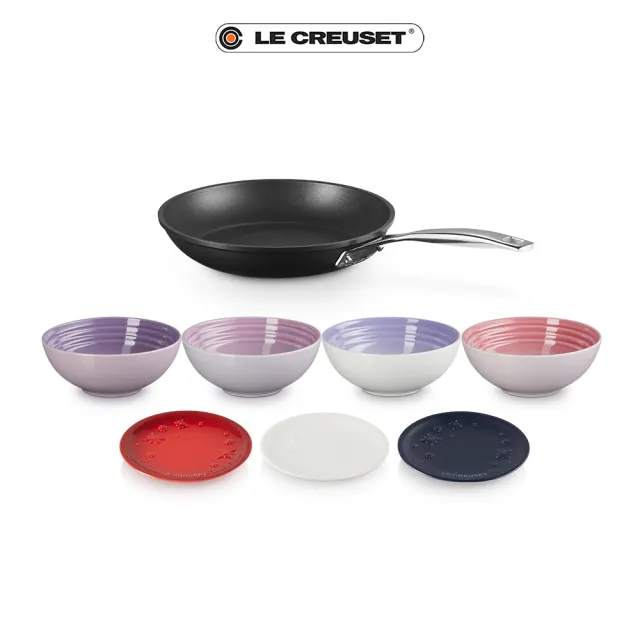 【Le Creuset】TNS 單柄平煎鍋 24cm+早餐穀片碗16cm- 4入+圓盤12cm-3入