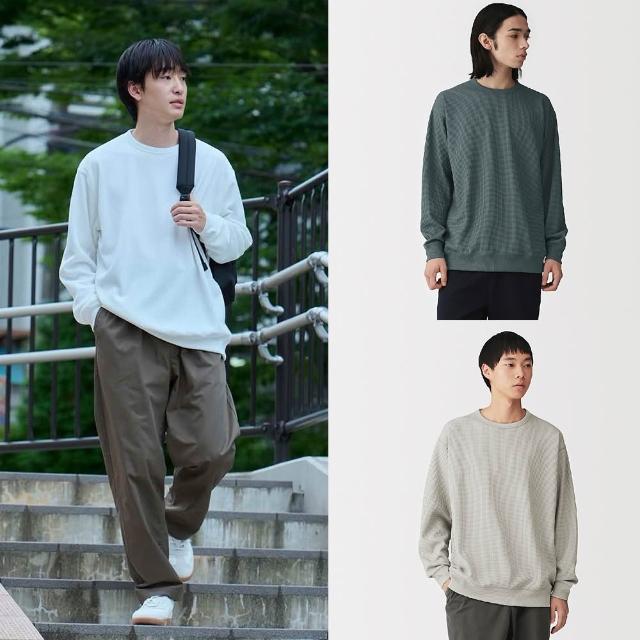 【MUJI 無印良品】男抗UV速乾鬆餅紋圓領長袖T恤(柔白/黑色/淺灰/暗藍/墨灰/煙燻藍)