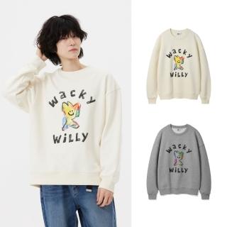 【Wacky WiLLY】官方旗艦館 KIKY大圖案圓領大學T(UNI圓領上衣 奶油白/灰色)