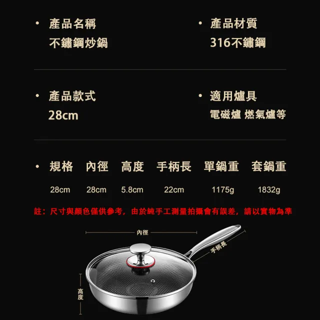 【巧可】304不鏽鋼平底鍋 蜂窩不粘鍋 牛排煎鍋 平底鍋 無柳丁炒鍋 加長手柄 28CM-含蓋
