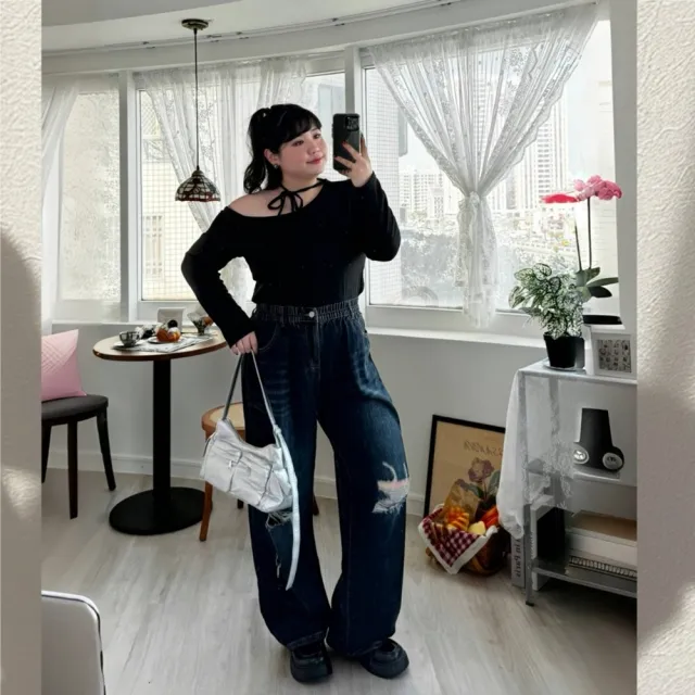 【Want-Meow】90公斤可穿/刷毛韓系小姐姐甜辣性感斜肩綁帶長袖上衣新年春酒(大碼/大尺碼/加大碼/長袖上衣)