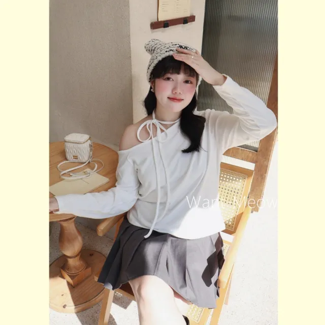 【Want-Meow】90公斤可穿/刷毛韓系小姐姐甜辣性感斜肩綁帶長袖上衣新年春酒(大碼/大尺碼/加大碼/長袖上衣)