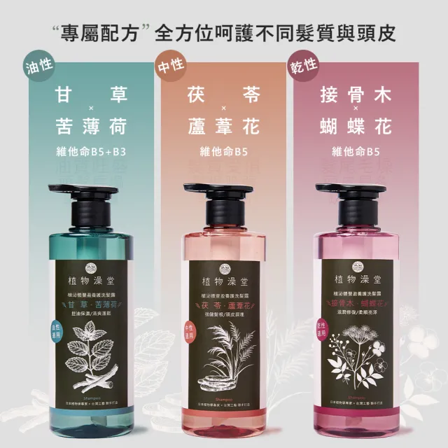 【植物澡堂】植泌體豐盈養護洗髮露(甘草苦薄荷-油性/茯苓蘆葦花-中性/接骨木蝴蝶花-乾性)