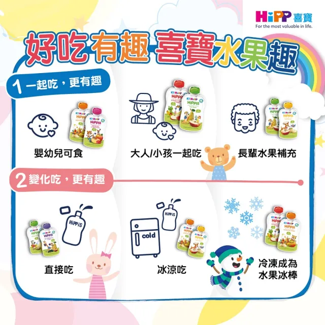 【HiPP】喜寶生機水果趣100g*8入(黑棗黑醋栗/水蜜桃野莓/蘋果草莓/西洋梨/蘋果/香蕉/芒果/奇異果 口味任選)