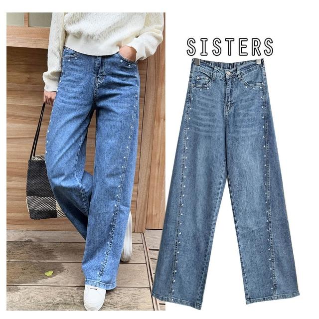 【SISTERS】刺繡愛心丹寧刷色直筒寬褲 牛仔褲/S-3L(女下著/直筒褲/女褲/顯瘦/寬褲/長褲)