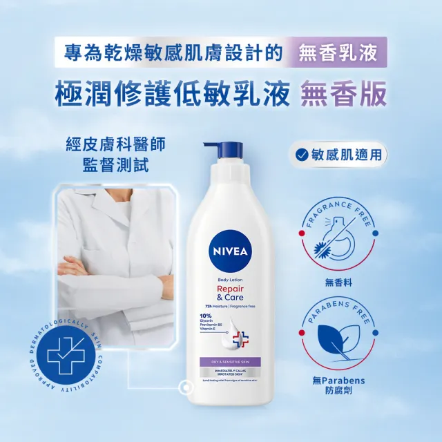 【NIVEA 妮維雅】極潤低敏修護乳液-無香版500ml(身體乳液/溫和舒緩/乾燥敏感)