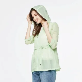 【MYSHEROS 蜜雪兒】中長版拉鍊防曬外套 微透膚質感收腰 修身抽繩連帽(淺綠)
